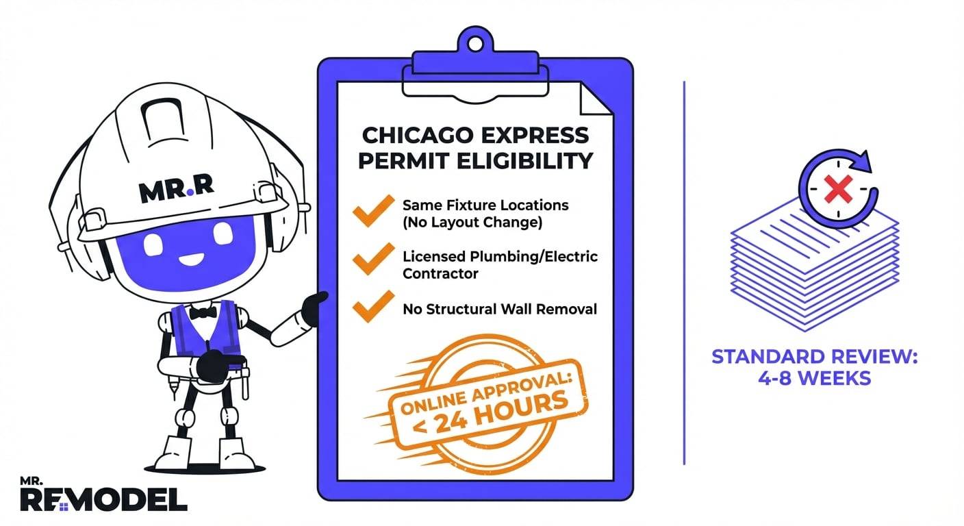 The City of Chicago Department of Buildings offers a solution called the Express Permit Program. This system is designed for standard repairs and replacements where the architectural layout does not change.